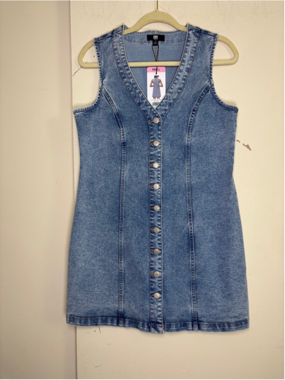 Frye Sleeveless Denim Mini Dress Light Wash Button Front V-Neck Small NWT